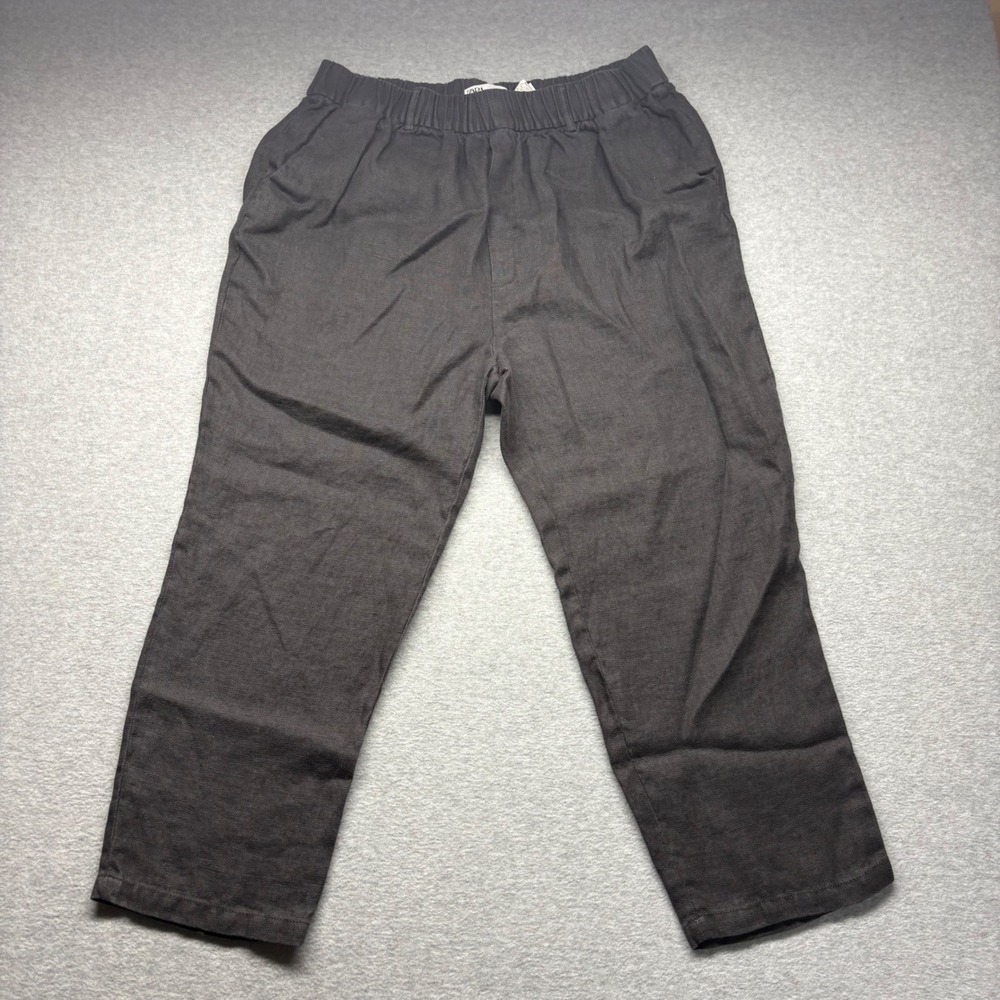 Zara Womens XL Charcoal Grey Linen Blend Elastic Waist Straight Leg Crop Pants
